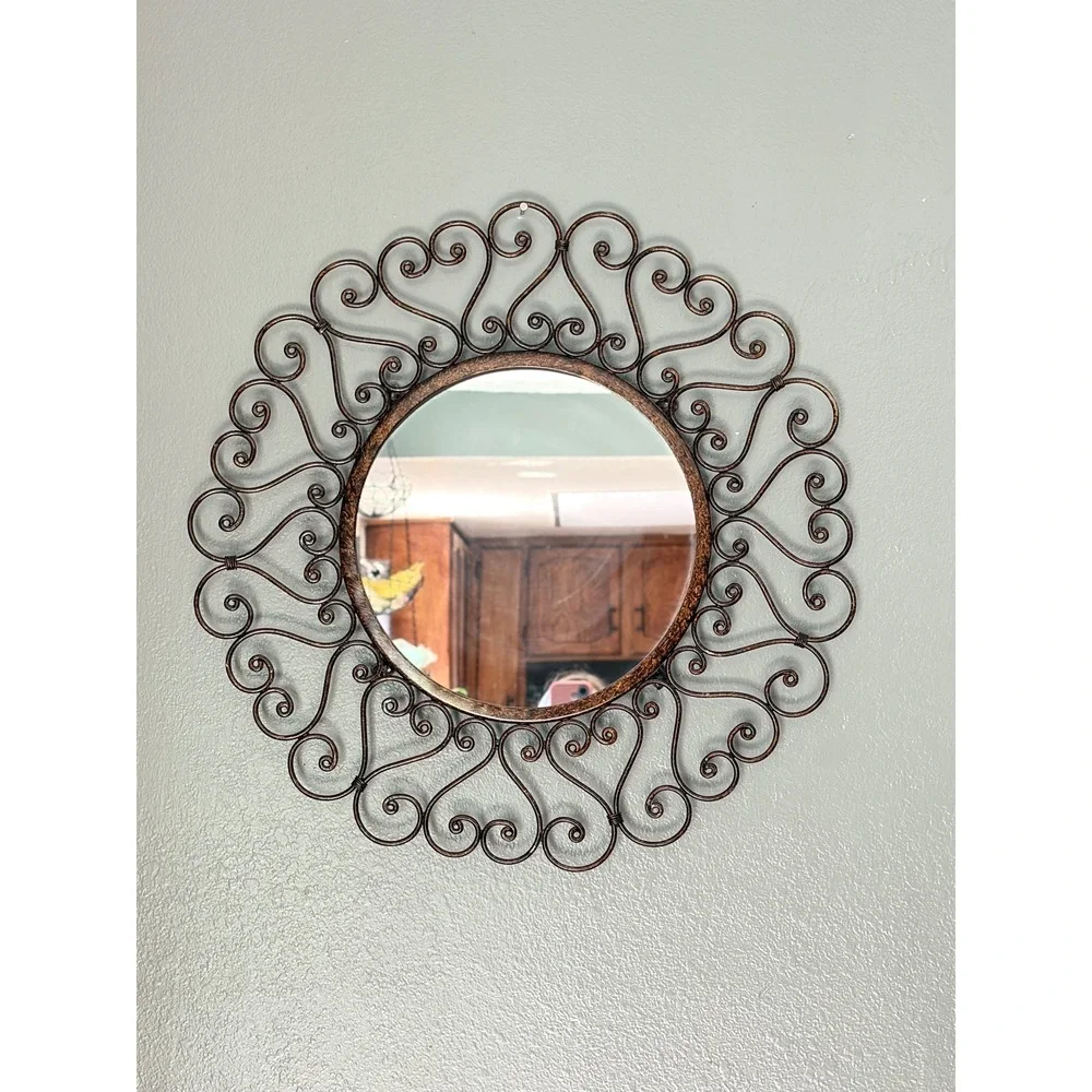 Round Wrought Iron Scrollwork Wall Mirror Bronze Heart Motif 23.5